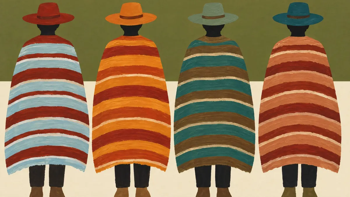 Four faceless figures in wide-brim hats and striped ponchos seen from behind against an olive and cream background